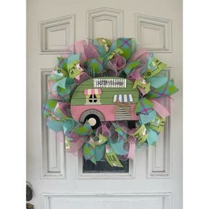 Pink Mint Green Camper Mesh Ribbon Easter & Spring Wreath Front Door Hanger xxx
